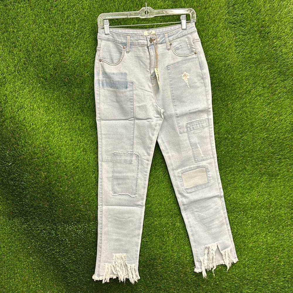Easel Light Blue Patchwork Fringe Hem Jeans
